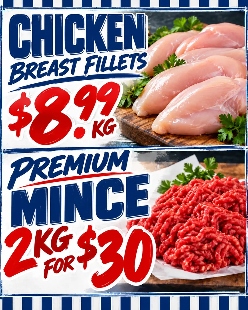 This week's specials: chicken breast fillets $8.99 per kg, and premium mince 2kg for $30